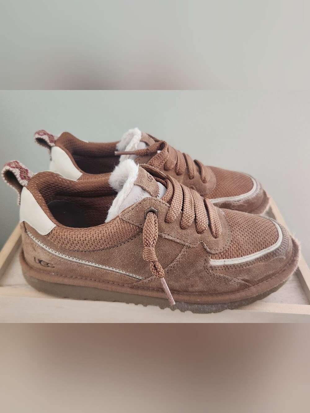 UGG Kid's Chestnut Suede Lace-Up Sneakers with Shearling Trim